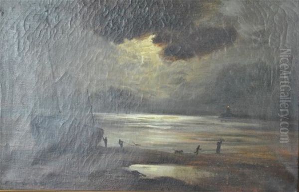Ship And Figures With Dog On The Shore At Moonlight - view 1