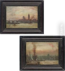 Westminster Bridge With The Houses Of Parliament Beyond (+ St. Paul's From The Thames; Pair) by George Hyde Pownall