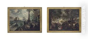 Spring: A Park Landscape With Elegantly-dressed Figures And Others Tending The Garden...; Autumn: A Wooded Landscape With Figures Gathering... (pair) by Pozzoserrato