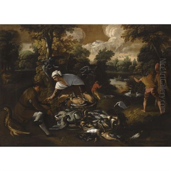 A Fluvial Landscape With Figures Hunting And A Woman Selling The Spoils Of The Hunt To A Man - view 1