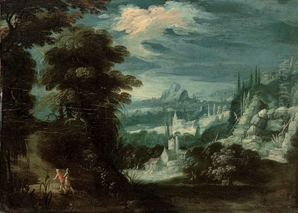 A Wooded Landscape With Travelers On A Track - view 1