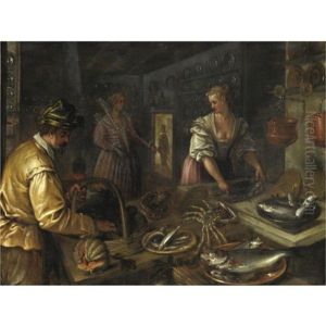 Interno Di Cucina Con Pesci E Crostacei Su Un Tavolo Interno Di Cucina Con Pesci E Crostacei Su Un Tavolo