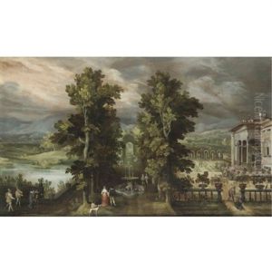 Veduta Del Parco Di Una Villa Con Figure Vicino A Una Fontana