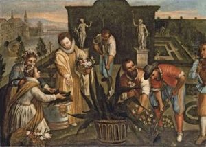 A Lady Holding A Basket Of Flowers And Gardeners Planting In A Renaissance Garden, A Fortified Town Next To A River Beyond by Pozzoserrato