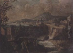 A Wooded River Landscape With Figures Beside A Waterfall, A Town In The Distance by Pozzoserrato