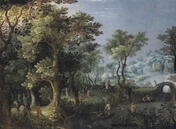 Hirschjagd In Einer Bewaldeten Landschaft Mit Einem Schlos - view 1