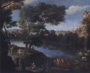 Bewaldete Fluslandschaft Mit Eleganten Kahnfahren Und Tanzenden Paaren Unter Baumen