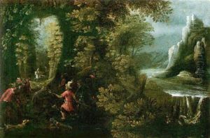 A Wild Boar Hunt With Dogs In A Forest By A Waterfall A Wild Boar Hunt With Dogs In A Forest By A Waterfall