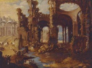 A Capriccio Of Ruins With Travellers And Cattle by Pozzoserrato