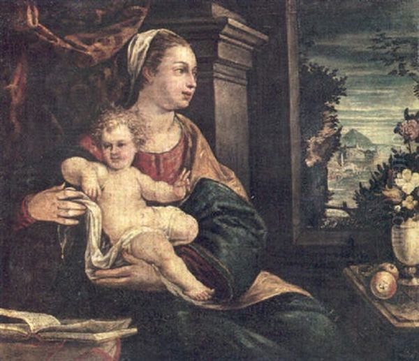 The Madonna And Child Seated Before An Open Window With An Extensive Landscape Beyond - view 1