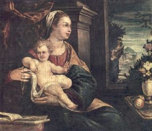 The Madonna And Child Seated Before An Open Window With An Extensive Landscape Beyond by Pozzoserrato