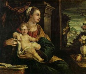 The Madonna And Child Seated Before An Open Window, Extensive River Landscape Beyond