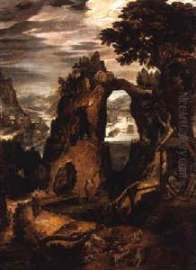 An Imaginary Alpine River Landscape With Hermit Monks By A Monastery On A Rocky Outcrop, Peasants Milking A Goat In The Foreground