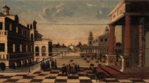 Elegant Figures Gathered In A Palace Courtyard Beside A Moat