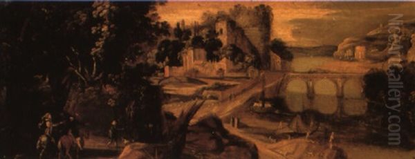 An Italianate River Landscape With Travellers On A Track - view 1