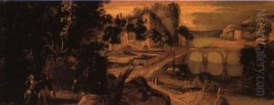 An Italianate River Landscape With Travellers On A Track