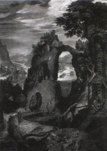 Imaginary Alpine River Landscape With Hermit Monks By A Monastery by  Pozzoserrato