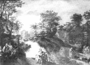 An Elegant Party Seated In Foreground Playing Music And Making Merry, A Wooded River Landscape Beyond