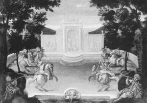 A Festive Jousting Scene, With A Palace Beyond And A Fountain In The Foreground A Festive Jousting Scene, With A Palace Beyond And A Fountain In The Foreground