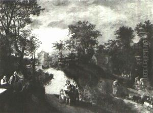 An Elegant Party Seated Playing Music And Making Merry, A   Wooded River Landscape Beyond