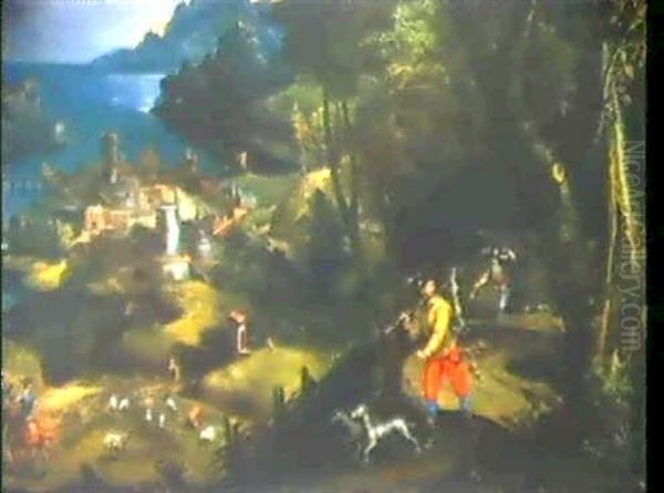 Scene De Chasse Dans Un Paysage Avec Un Village Dans Le Lointain - view 1
