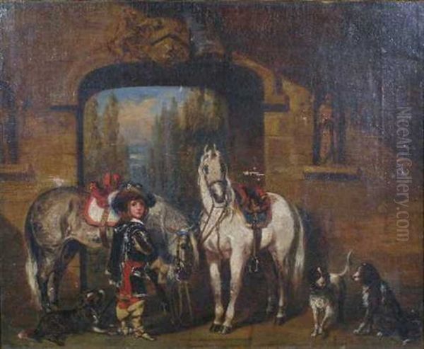 Young Cavalier And Horses In The Courtyard - view 1