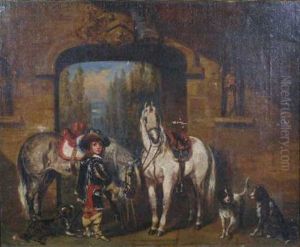 Young Cavalier And Horses In The Courtyard Young Cavalier And Horses In The Courtyard