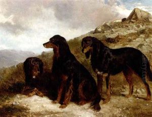 "reuben", "roland" And "rector", Black And Tan Setters In A Highland Landscape by Alfred F. De Prades