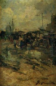 Alrededores De Paris A Pps. De Siglo Con Coches Y Gentio by Francisco Pradilla y Ortiz