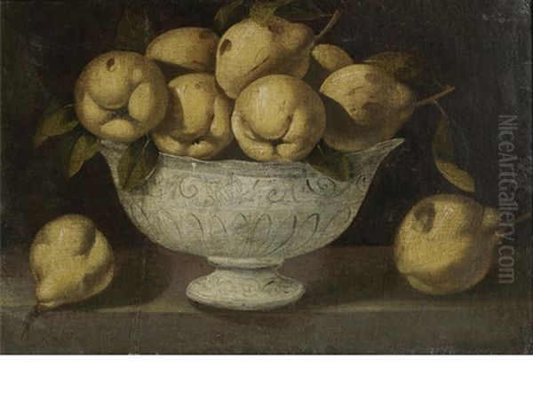 A Still Life Of Pears In An Earthenware Bowl On A Wooden Table - view 1