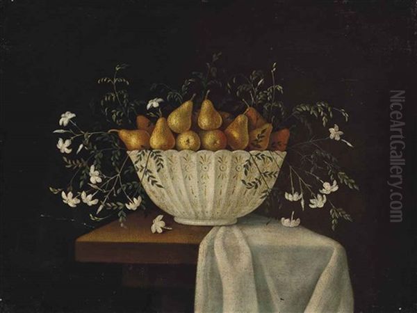 Pears In A Bowl With Jasmin Flowers On A Partly Draped Ledge - view 1