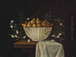 Pears In A Bowl With Jasmin Flowers On A Partly Draped Ledge by Blas de Ledesma Prado