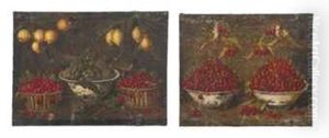 Artichokes In A Blue And White Bowl, Baskets Of Cherries, Lemon Trees, On A Ledge (+ Cherries In Blue And Whire Bowls With Birds On A Stone Ledge; 2 Works) by Blas de Ledesma Prado