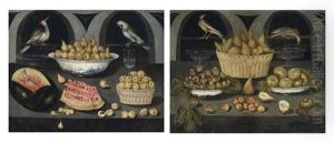 An Open Watermelon, Pears In A Chinese Porcelain Bowl, Apples... (+ Pears In A Wicker Basket, Figs And Apples In Chinese Porcelain Bowls...; Pair) by Blas de Ledesma Prado
