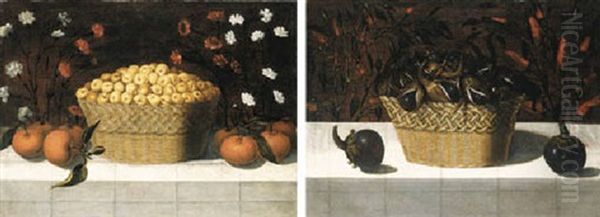 A Basket Of Apricots With Oranges On A Ledge Covered With A Cloth - view 1