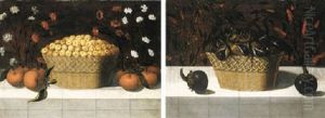 A Basket Of Apricots With Oranges On A Ledge Covered With A Cloth by Blas de Ledesma Prado