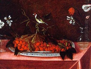 A Still Life With Strawberries, Flowers And A Bird by Blas de Ledesma Prado