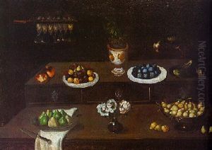 Nature Morte Aus Assiettes De Fruits, Vases De Fleurs Et Perroquet Sur Un Entablement by Blas de Ledesma Prado