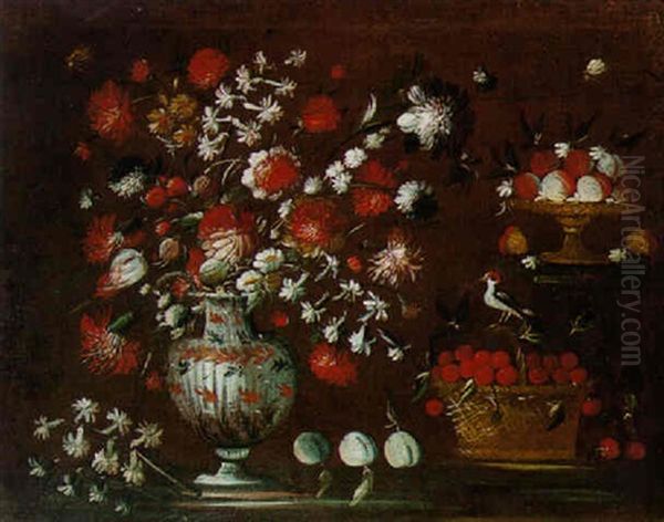 Nature Morte Au Bouquet De Fleurs,cerises Et Oiseau Sur Un Etablement - view 1
