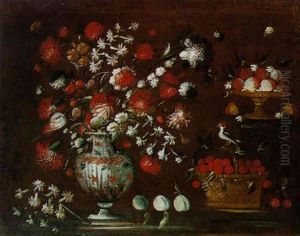Nature Morte Au Bouquet De Fleurs,cerises Et Oiseau Sur Un Etablement