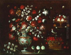 Nature Morte Au Bouquet De Fleurs, Cerises Et Oiseau Sur Un Entablement