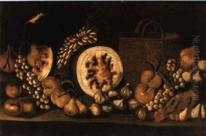 A Bird, Watermelon And Other Fruit Beside A Straw Basket On A Stone Ledge A Bird, Watermelon And Other Fruit Beside A Straw Basket On A Stone Ledge