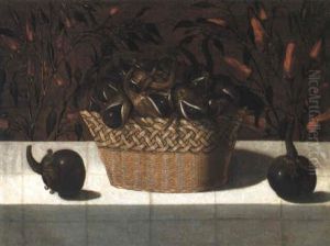 Basket Of Aubergines With Two Aubergines On A Cloth-covered Ledge Basket Of Aubergines With Two Aubergines On A Cloth-covered Ledge