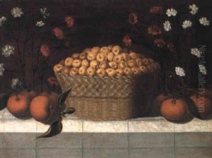 Basket Of Apricots With Oranges On A Cloth-covered Ledge by Blas de Ledesma Prado