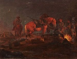Reiter Und Pferde Am Nachtlichen Lagerfeuer