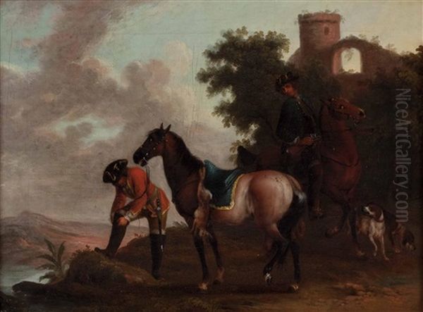 Zwei Jagende Reiter Mit Hunden Vor Burgruine - view 1