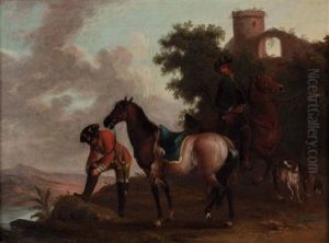 Zwei Jagende Reiter Mit Hunden Vor Burgruine by Wenzel Ignaz Prasch