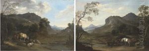 A Mountainous River Landscape With A Shepherd Driving His Sheep And Cattle On A Path (+ A Mountainous River Landscape With Horses And Cattle Grazing By A Tree; Pair) by Wenzel Ignaz Prasch