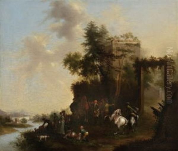 Jagdgesellschaft Vor Einer Burgruine In Flusslandschaft - view 1