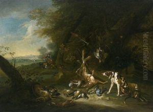 Bewaldete Landschaft Mit Rastenden Jagern Und Jagdbeute Von Hunden Bewacht Bewaldete Landschaft Mit Rastenden Jagern Und Jagdbeute Von Hunden Bewacht